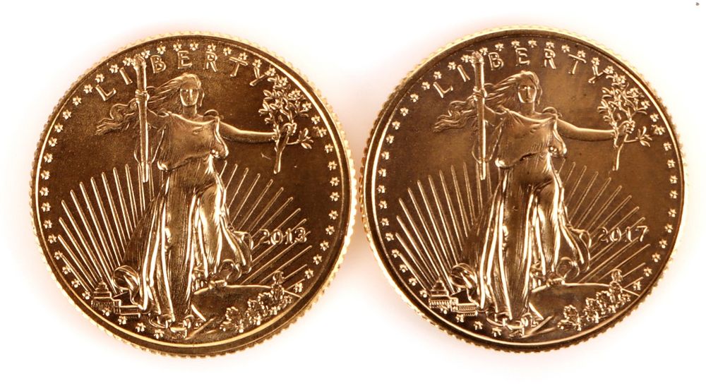 Lot 212202f: GOLD EAGLE COIN 1/10 OZ FINE GOLD 2013 & 2017 (2)