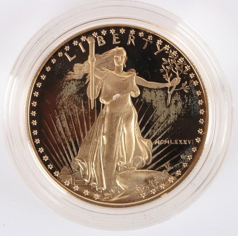 Lot 213166: 1986 W PF 1 OZT FINE GOLD AMERICAN EAGLE T1 W/ COA