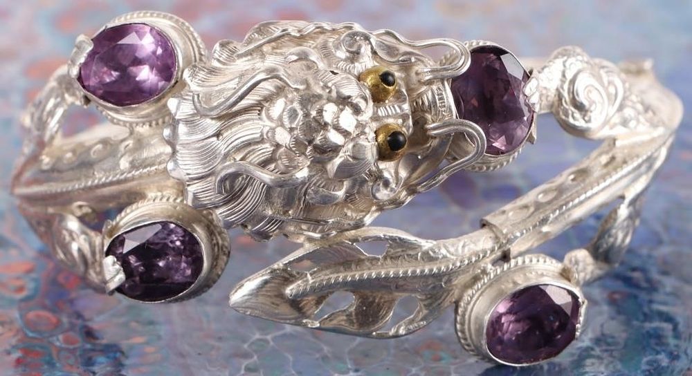 Lot 213171: STERLING SILVER AMETHYST ORNATE DRAGON BRACELET