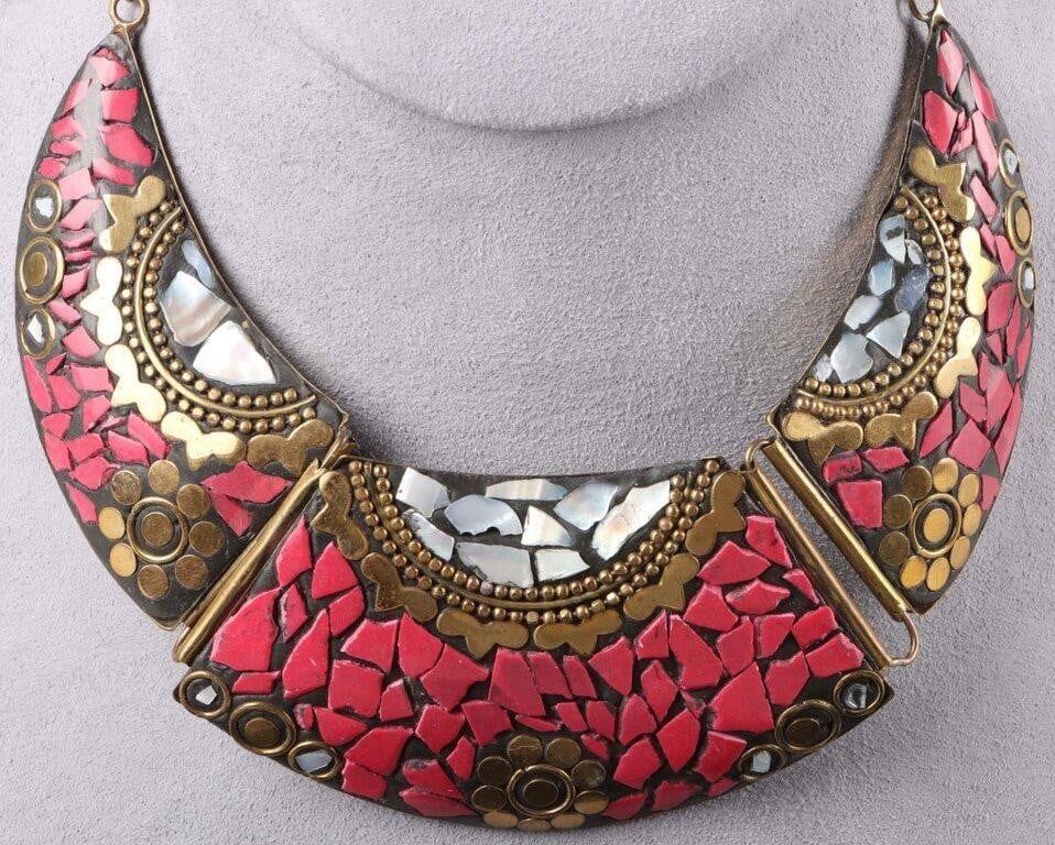 Lot 213213: VINTAGE TIBETIAN BRASS CORAL & SHELL NECKLACE