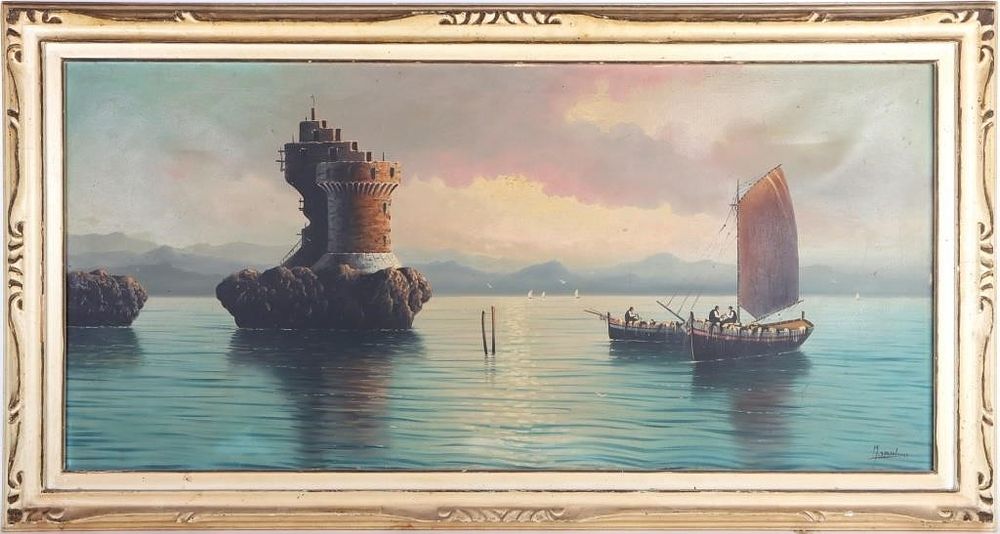 Lot 213291: M. SANTINI OIL ON CANVAS OF A SHIP & OCEAN RUINS