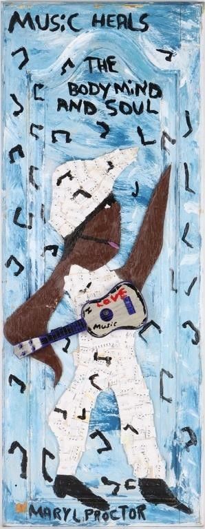 Lot 213298: MARY L. PROCTOR "MUSIC HEALS" OIL ON DOOR COLLAGE