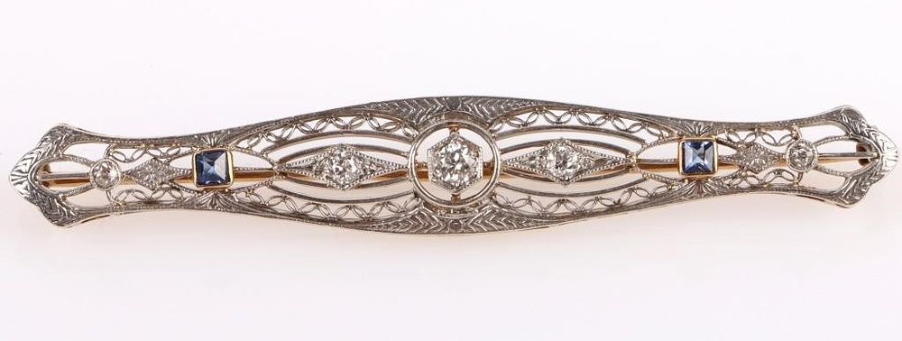 Lot 213346: ANTIQUE ART DECO 14K GOLD DIAMOND SAPPHIRE BROOCH