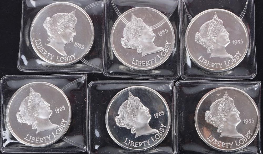 Lot 213396: 1 OZT FINE SILVER 1985 LIBERTY LOBBY PF ROUNDS-(6)