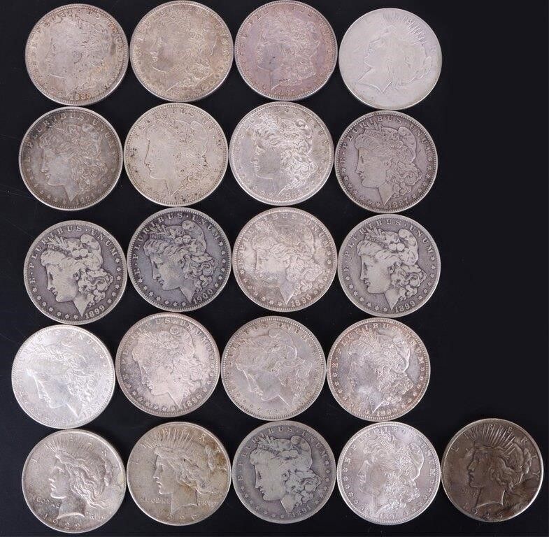Lot 213407: ROLL OF 21 MORGAN/ PEACE 90% SILVER DOLLARS