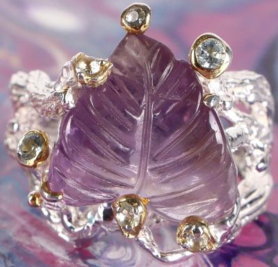 12CT PURPLE AMETHYST LEAF TOPAZ STERLING RING. 12ct purple amethyst leaf and white topaz 