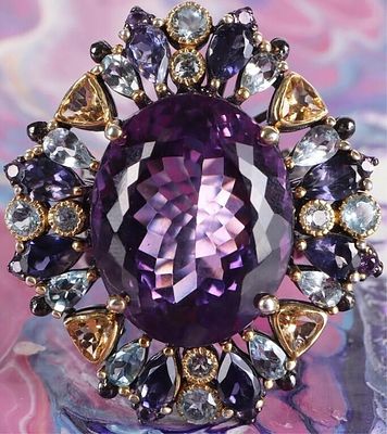 HUGE 38CT AMETHYST & GEMSTONE STERLING SILVER RING. Huge 38.0ct amethyst, citrine, iolite, and 