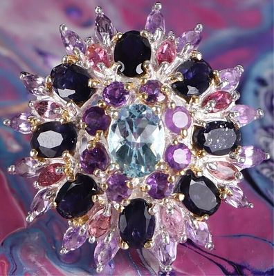 TOPAZ, AMETHYST & TOURMALINE STERLING SILVER RING. Topaz, amethyst and tourmaline sterling 