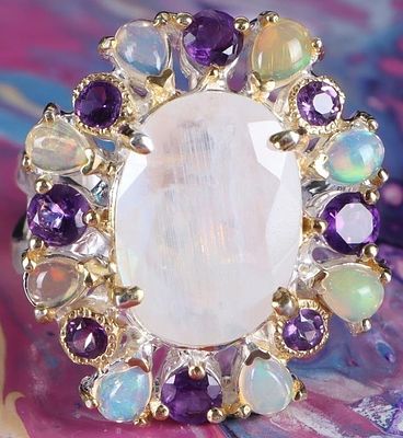 5.0CT MOONSTONE OPAL STERLING SILVER COCKTAIL RING. 5.0ct moonstone opal and amethyst sterling 