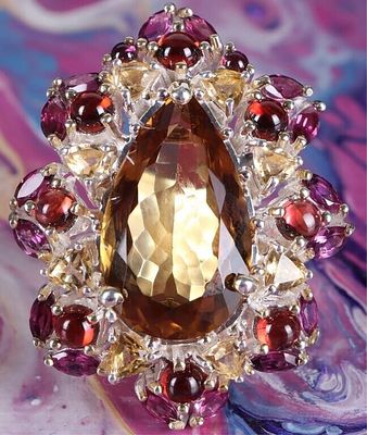 20CT YELLOW CITRINE QUARTZ STERLING SILVER RING. 20ct yellow pear citrine quartz and tourmaline 