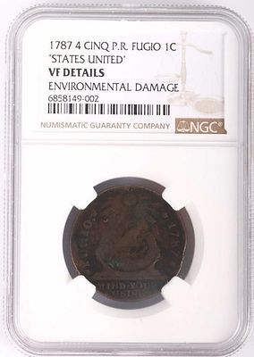 1787 4 CINQ FUGIO 1Â? 'STATES UNITED' NGC VF DETAIL. 1787 4 Cinq P.R. Fugio 1Â? 'States United' 