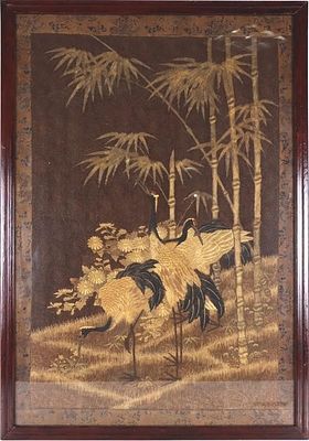 MEIJI PERIOD JAPANESE SILK CRANE TAPESTRY 56 X 38'. Beautifully crafted tapestry made with 