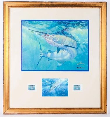 MARK SUSINNO 'BLUE MARLIN' STAMP & PRINT FRAMED. Mark Susinno (American, 1957-Present) "Blue 