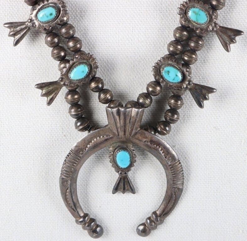 Lot 214182: ANTIQUE TURQUOISE STERLING SQUASH NECKLACE