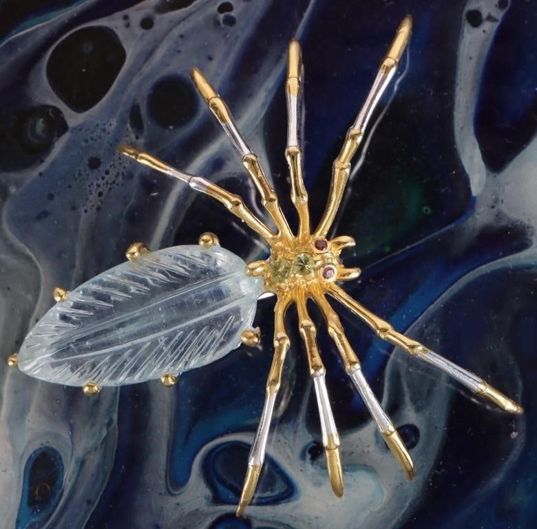 Lot 214207: 28.5 X 12.5MM AQUA PERIDOT STERLING SPIDER PENDANT