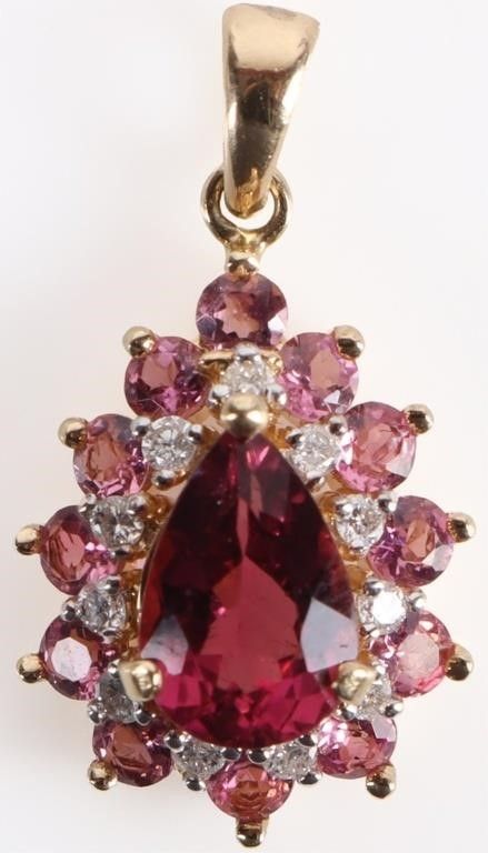 Lot 214213: PINK TOURMALINE & DIAMOND 14K YELLOW GOLD PENDANT