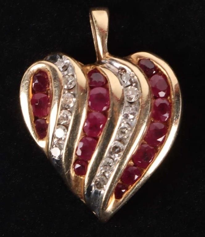 Lot 214226: 10K MULTI ROW DIAMOND & RUBY HEART PENDANT