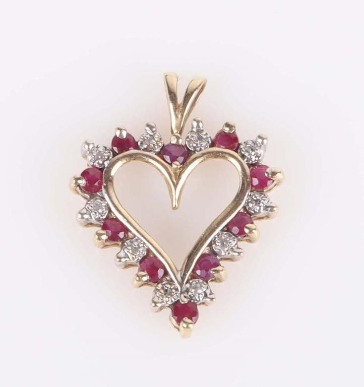 Lot 214228: 10K YELLOW GOLD DIAMOND & RUBY HEART PENDANT