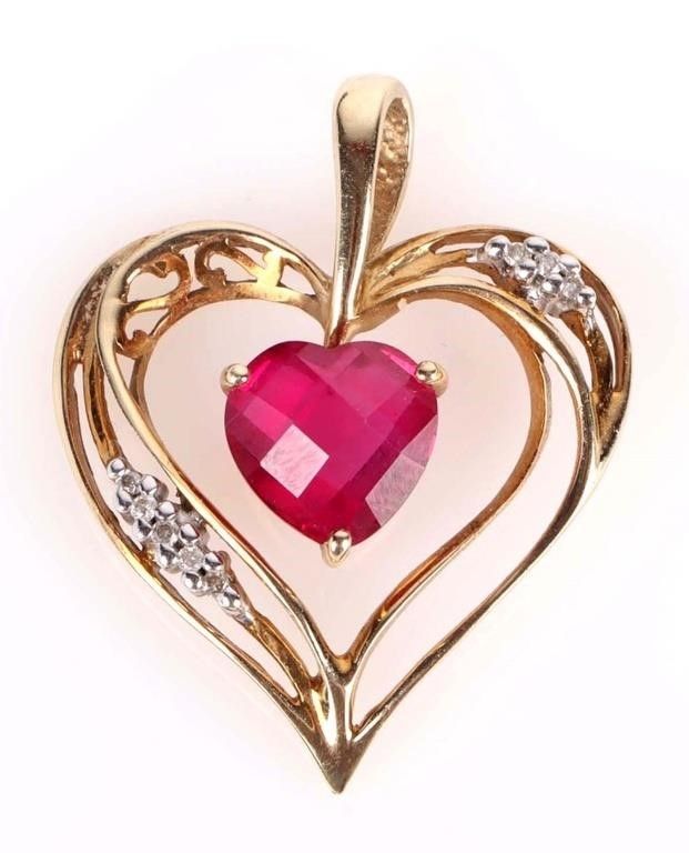Lot 214229: ~1.5CT RUBY & DIAMOND 10K GOLD OPEN HEART PENDANT