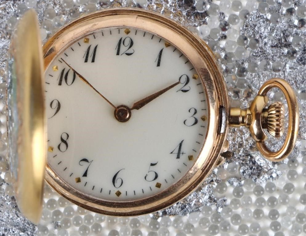 Lot 214250: 18K YELLOW GOLD POCKET WATCH W/ DIAMONDS & PAINT