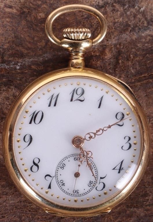 Lot 214268: 14K YELLOW GOLD POCKET WATCH ORNATE FACE