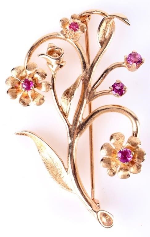 Lot 214298: 14K YELLOW GOLD FLORAL BROOCH W/ FIVE RUBY GEMS