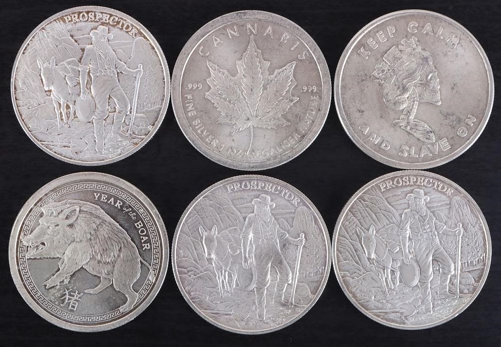 Lot 214389: ASSORTED 1 OZT FINE SILVER BULLION ROUNDS - (6)