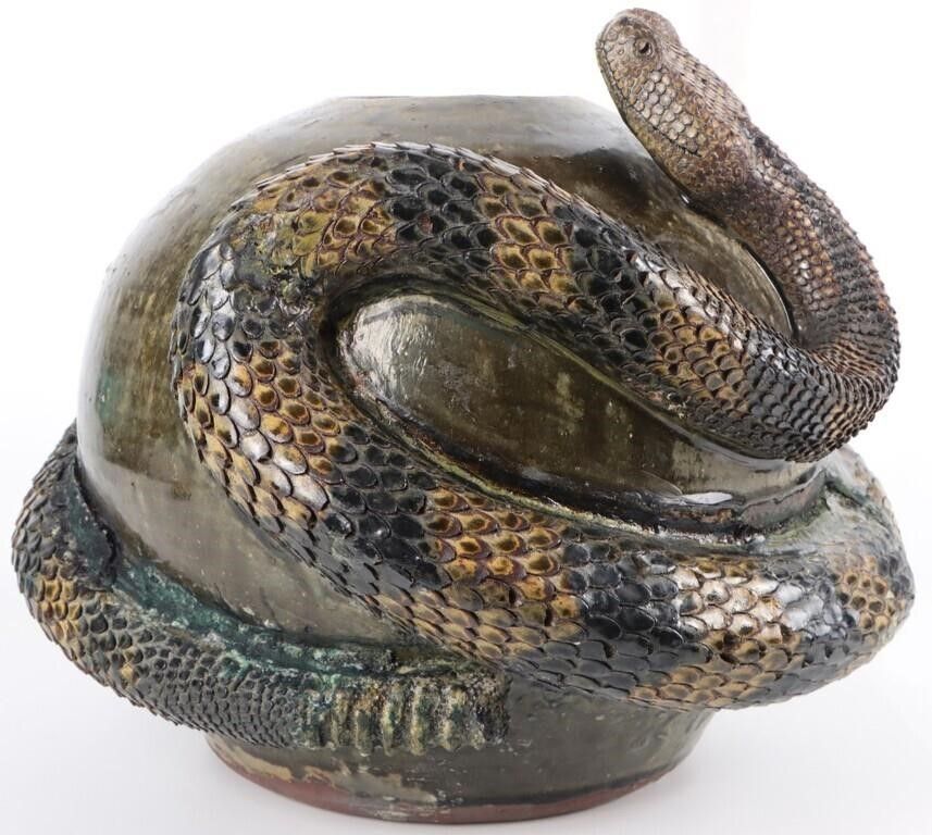 Lot 214423: GLAZED STONEWARE VASE W/ RATTLESNAKE M&M CROCKER