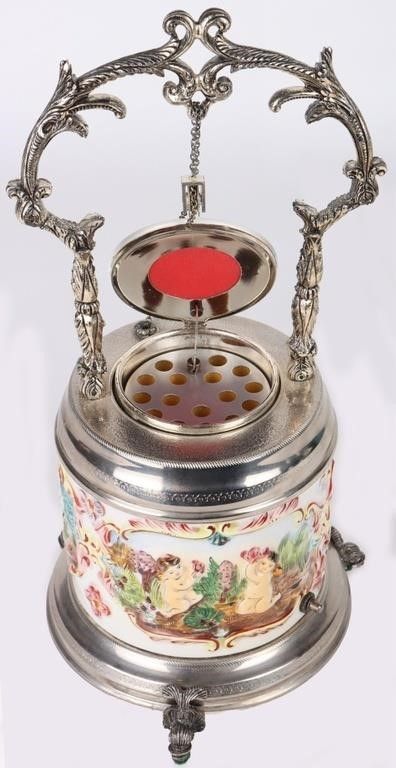 Lot 214424: SILVER & PORCELAIN VERTICAL CIGARETTE & MUSIC BOX