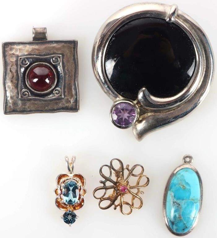 Lot 215196: STERLING SILVER PENDANTS W/ REAL GEMSTONES (5)