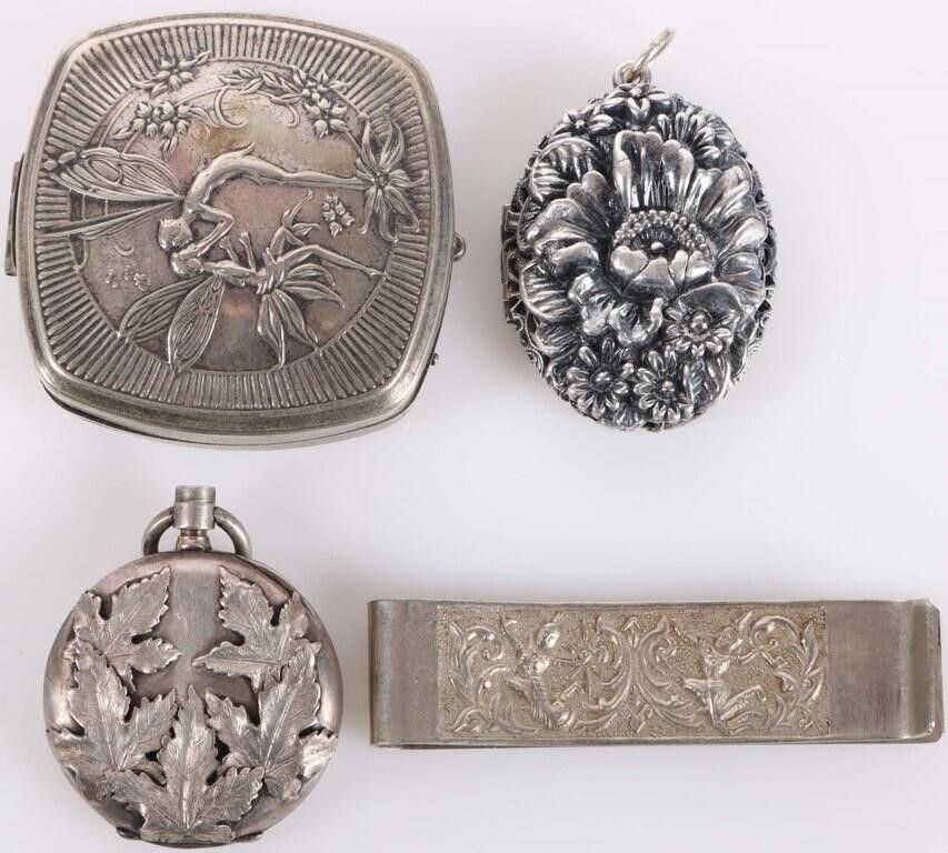 Lot 215197: ANTIQUE STERLING SILVER LOCKETS ETC (4)