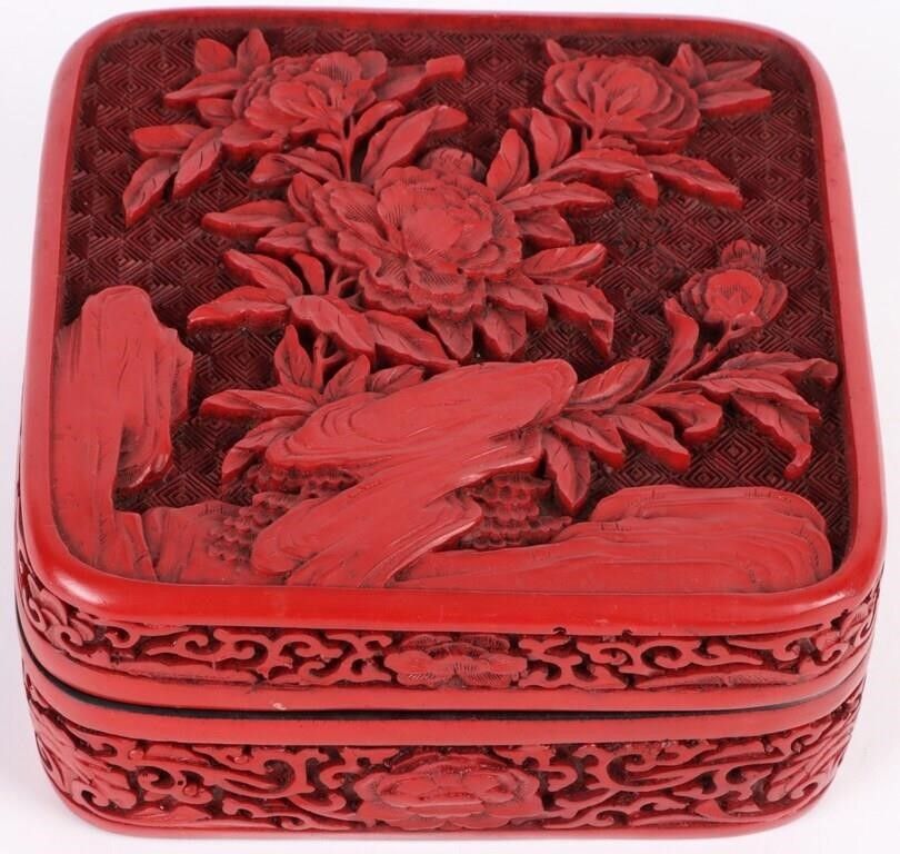 Lot 215229: CHINESE CINNABAR & LACQUERED CARVED FLORAL BOX