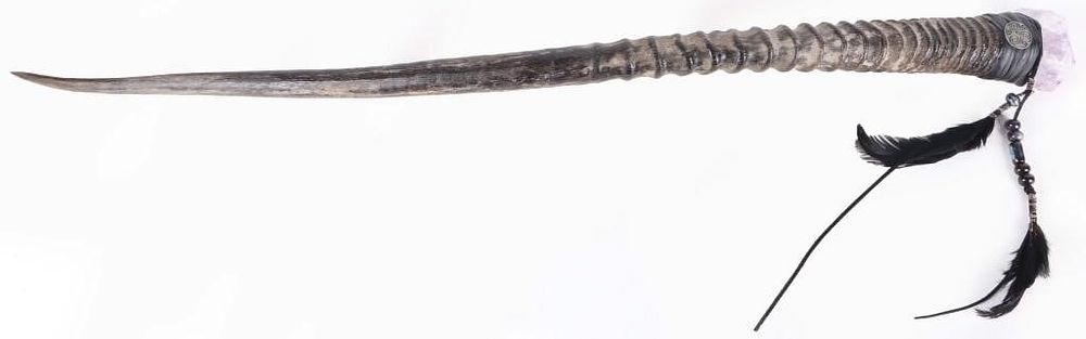 Lot 215360: ORYX HORN SHAMAN STAFF W/ LARGE AMETHYST CRYSTAL