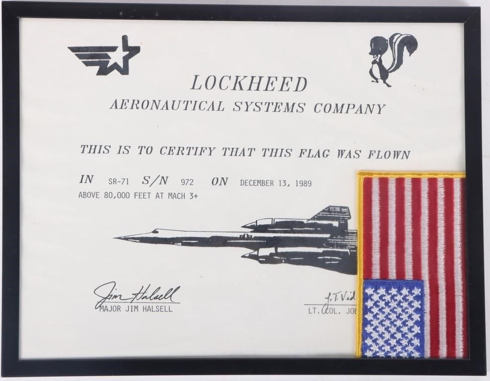 Lot 215381: LOCKHEED FLAG PATCH FLOWN ON SR-71 W/ CERTIFICATE