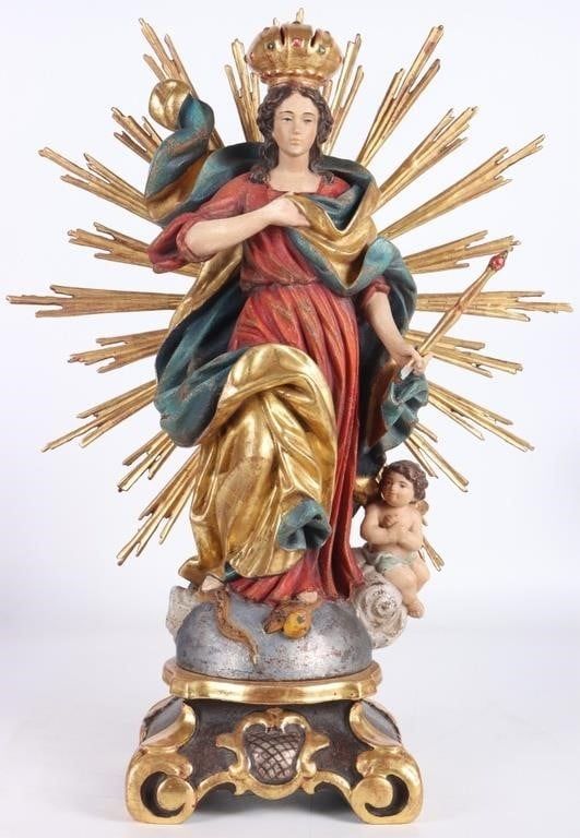 Lot 216216: MADONNA WITH CROWN CARVED WOODEN STATUE