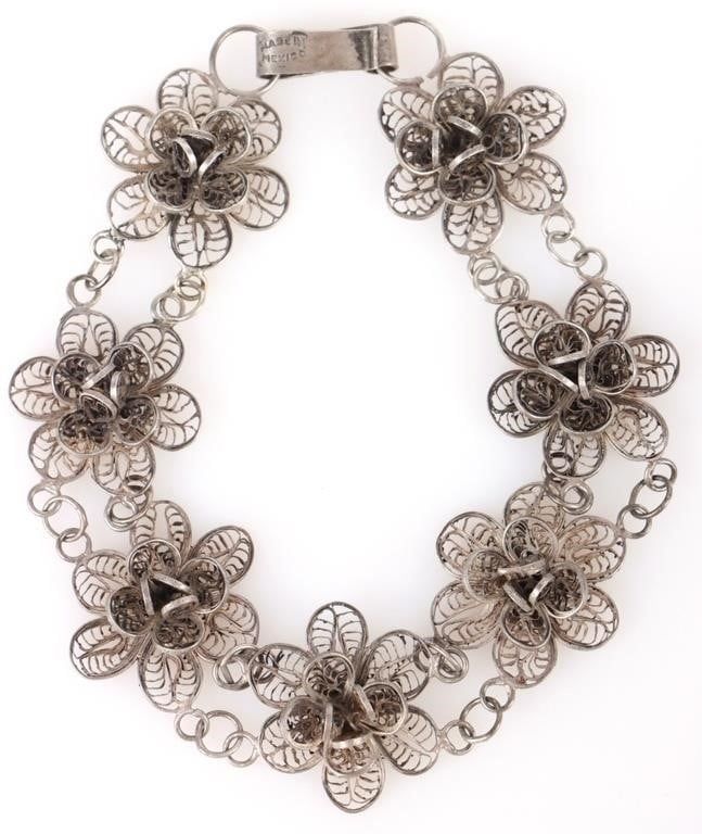 Lot 216224: ANTIQUE FILIGREE MEXICO STERLING FLORAL BRACELET