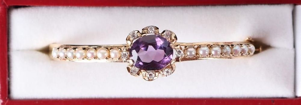 Lot 216229: 4CT AMETHYST DIAMOND & PEARL 14K BANGLE BRACELET