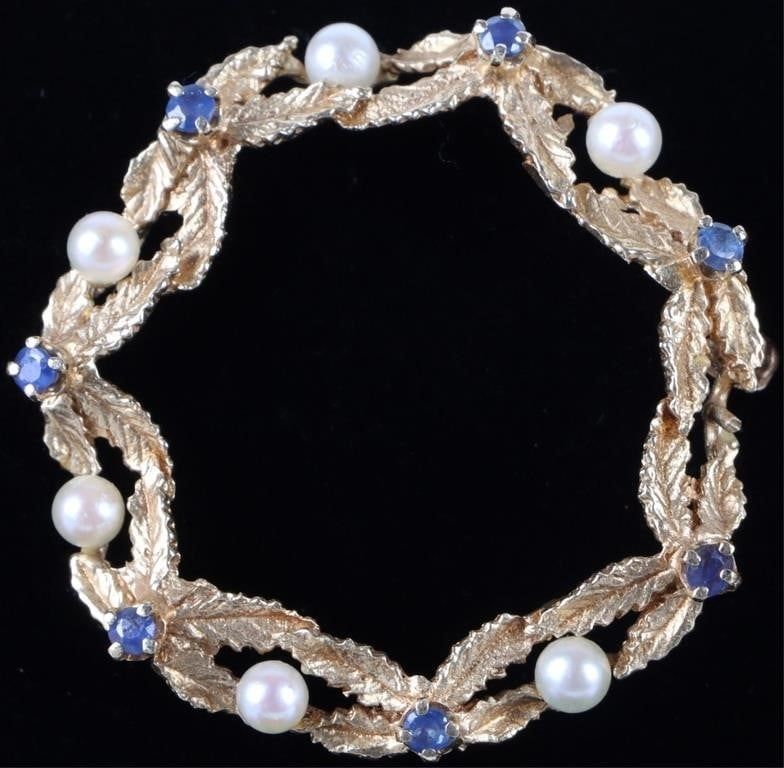 Lot 216311: VINTAGE 14K YELLOW GOLD PEARL SAPPHIRE BROOCH