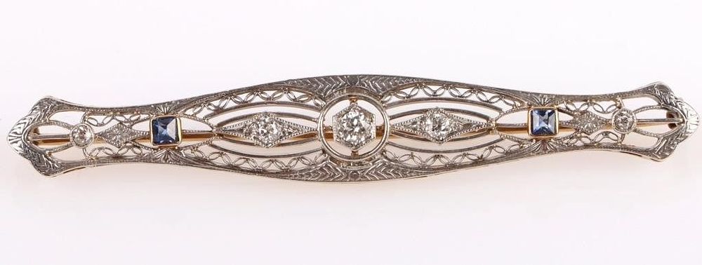Lot 216312: ANTIQUE ART DECO 14K GOLD DIAMOND SAPPHIRE BROOCH