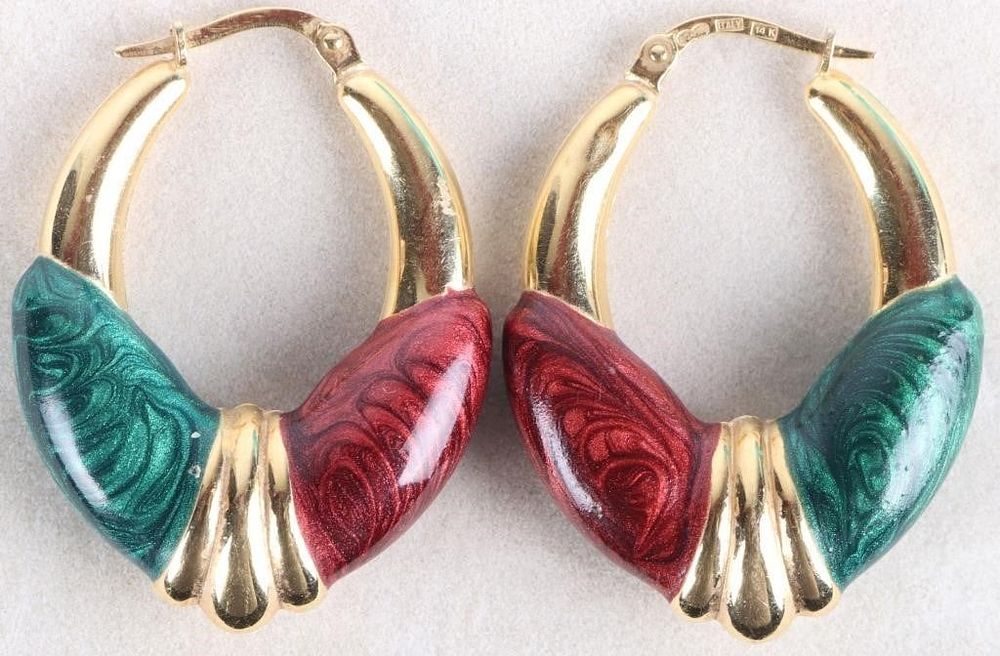 Lot 216330: 14K YELLOW GOLD LADIES EARRINGS W/ COLORED ENAMEL