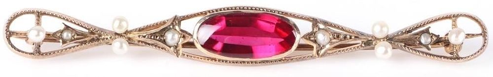 Lot 216342: ANTIQUE RUBY & PEARL 10K YELLOW GOLD LADIES PIN