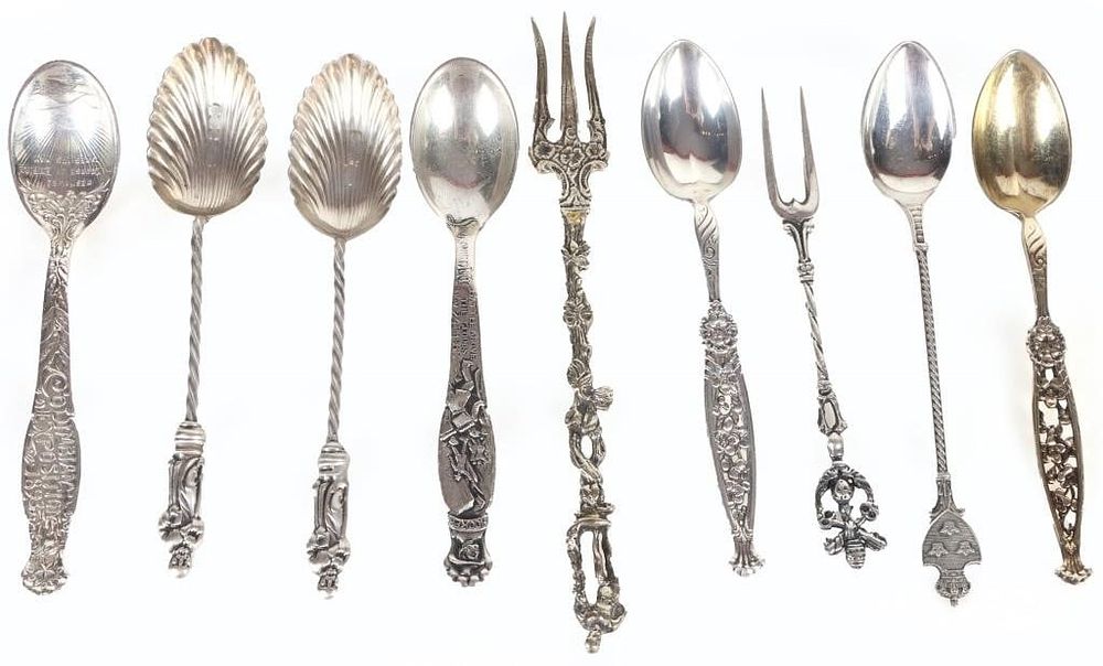 Lot 216353: ANTIQUE STERLING SILVER SOUVENIR SPOONS - LOT OF 9