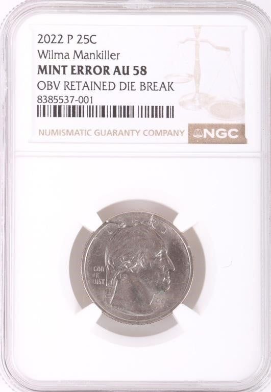 Lot 216363: 2022 P MANKILLER QUARTER DIE BREAK ERROR AU-58 NGC