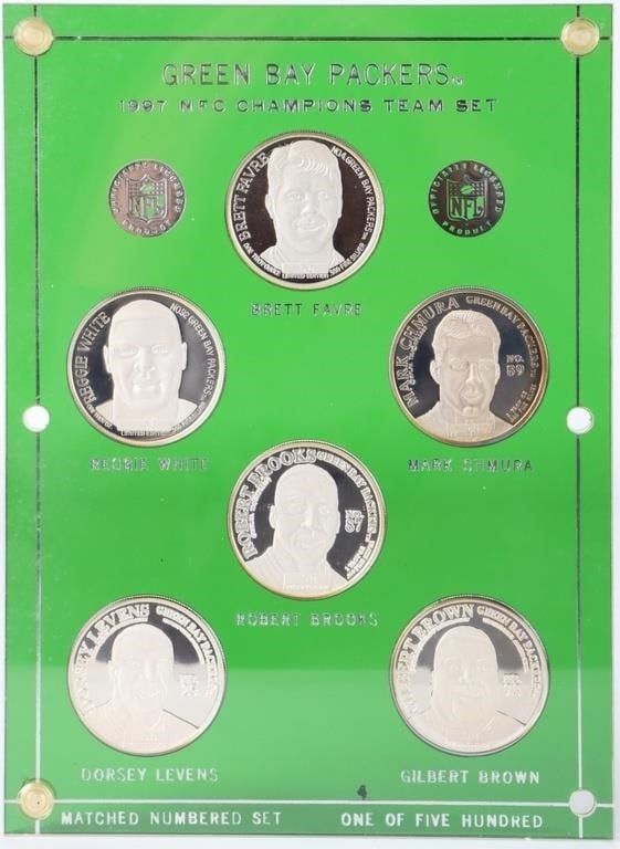 Lot 216378: FINE SILVER 1997 NFC CHAMP PACKERS 1OZ 6 ROUND SET