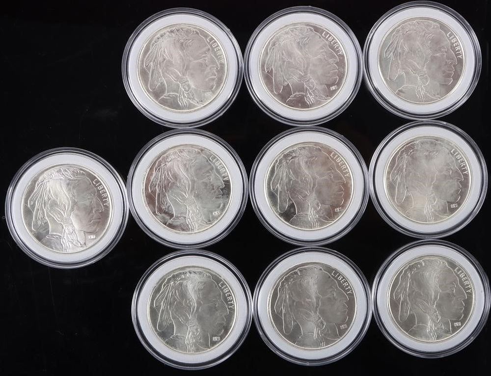 Lot 216386: FINE SILVER BUFFALO 1 OZT BULLION ROUNDS - (10)