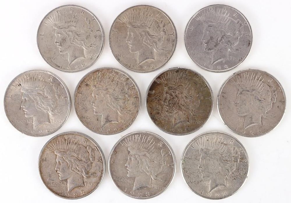 Lot 216388: 90% SILVER LIBERTY PEACE DOLLARS - (10)