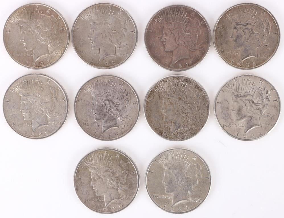 Lot 216389: 90% SILVER LIBERTY PEACE DOLLARS - (10)