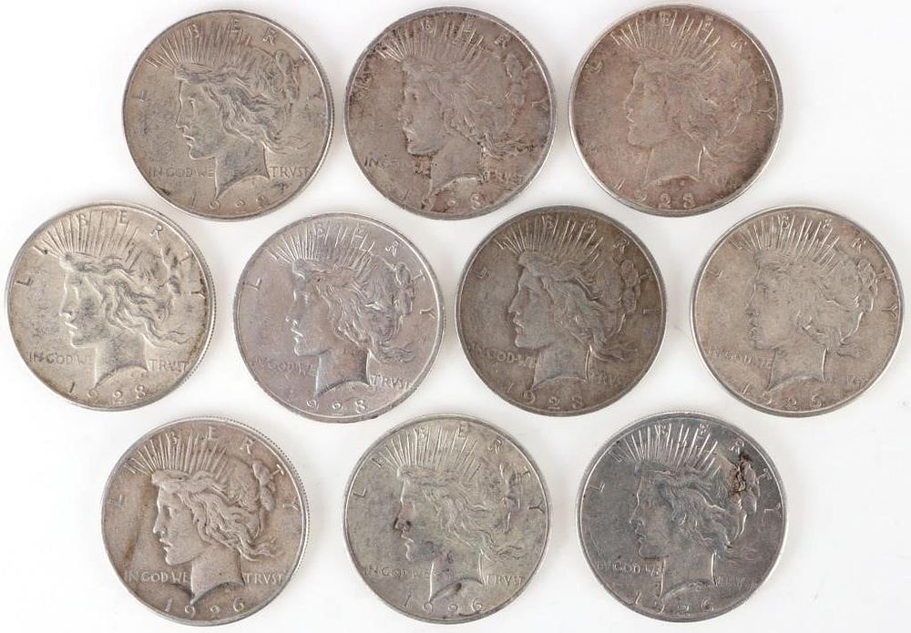 Lot 216390: 90% SILVER LIBERTY PEACE DOLLARS - (10)