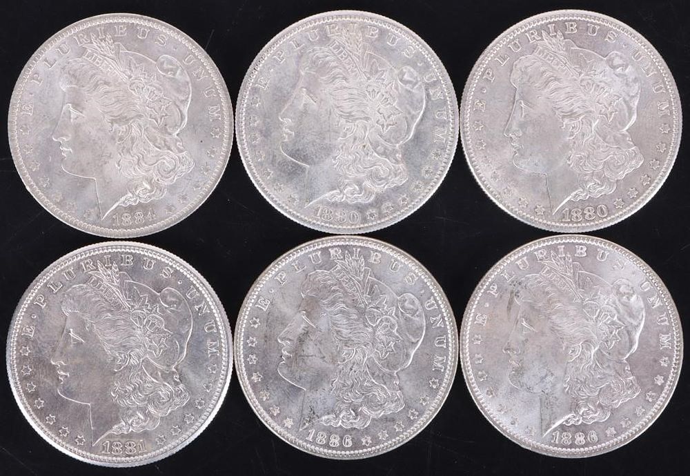 Lot 216391: ASSORTED AU-MS 90% SILVER MORGAN DOLLARS - (6)