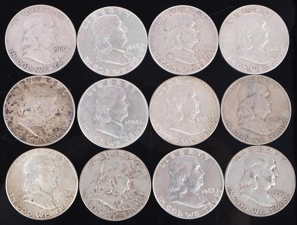 Lot 216412: ASSORTED 90% SILVER BEN FRANKLIN HALF DOLLARS-(12)